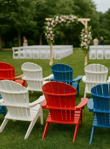 Rows of colorful outdoor chairs arranged for an event